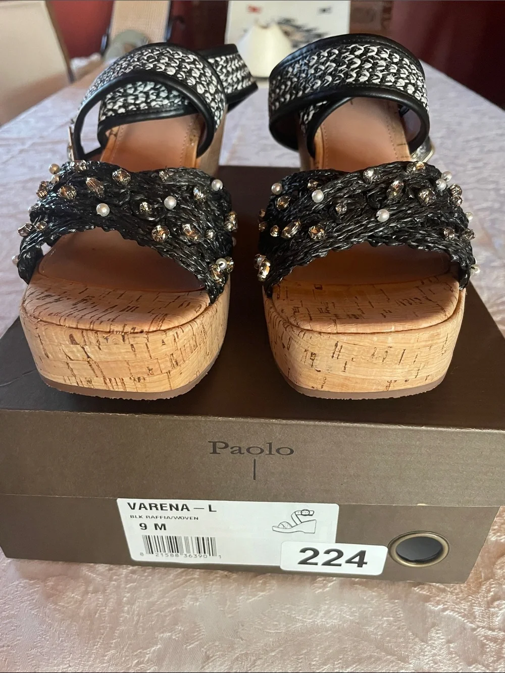 Paolo Black & Cork Beaded Pearl Wedge Sandals